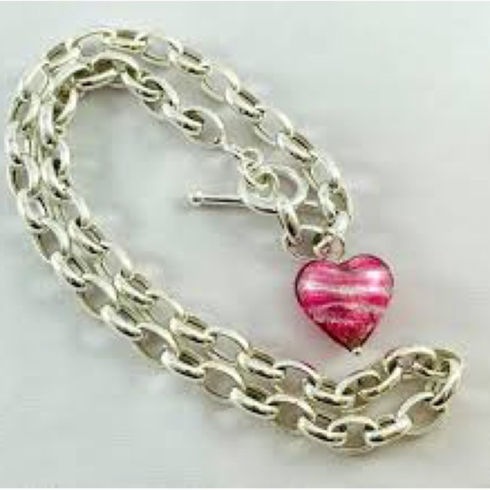 Sterling Silver 18” Necklace with Pink Murano Glass Heart Toggle Clasp